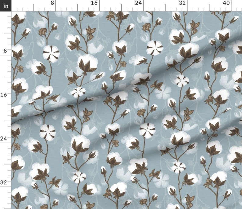 Cotton Plants Blue Pattern Fabric Cotton Pods by Art - Etsy