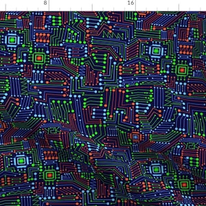 May include: A seamless pattern of neon green, red, and blue circuit board designs on a dark blue background.