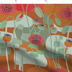 Mid Century Modern Poppies Fabric - Poppies Copper Red Upright By Wren Leyland- Floral Home Decor Cotton Fabric By The Yard With Spoonflower