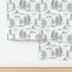 Peel-and-Stick-behang van de ufo - Space Aliens Whimsical Toile - Verwisselbare muurdecoratiekunst - Alien Abduction Toile De Jouy door somecallmebeth afbeelding 4