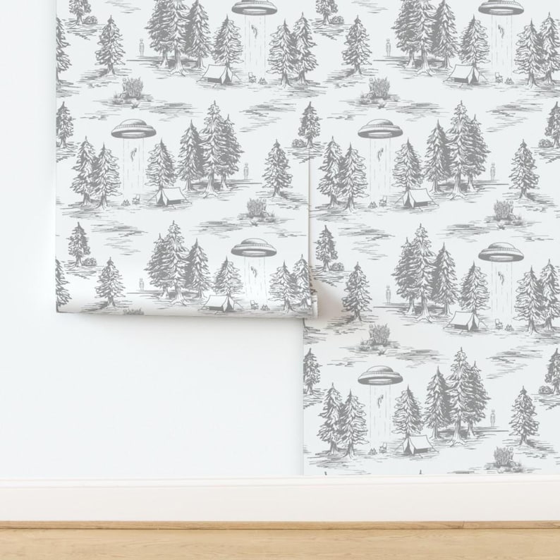 Peel-and-Stick-behang van de ufo - Space Aliens Whimsical Toile - Verwisselbare muurdecoratiekunst - Alien Abduction Toile De Jouy door somecallmebeth afbeelding 4