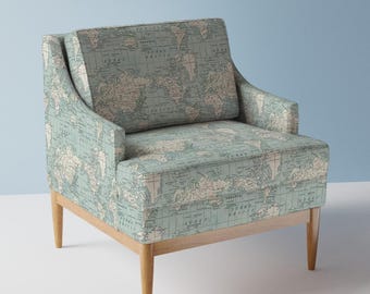 Vintage Maps Upholstery Fabric- Soft Blue And Cream Map by aftermyart - Blue And Cream World Map Travel  Fabric By The Yard With Spoonflower