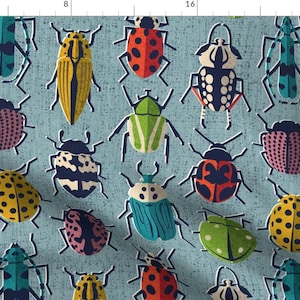 Bugs Fabric - These Don&#39;T Bug Me By Selmacardo - Blue Green Yellow Beetles Insects Entomology Cotton Fabric By The Yard With Spoonflower