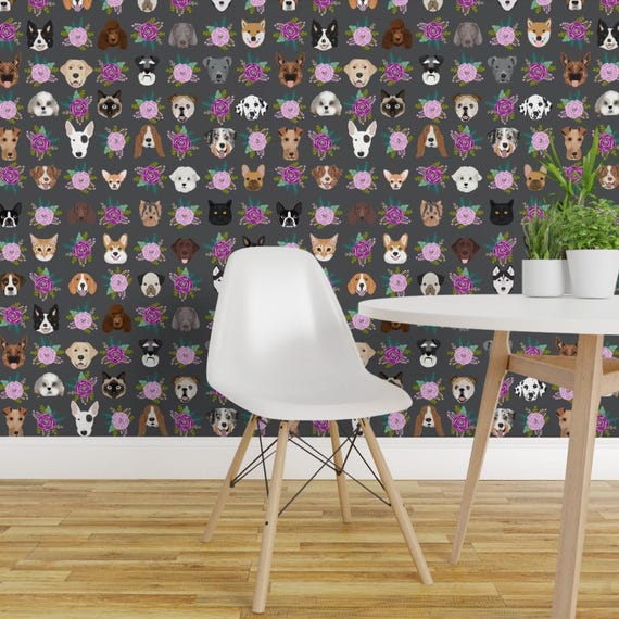 Pets Wallpaper - Dog Cat Floral Pet Lover Purple Gray By Petfriendly - Custom Printed Removable Self Adhesive Wallpaper Roll by Spoonflower