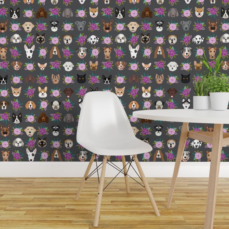 Pets Wallpaper - Dog Cat Floral Pet Lover Purple Gray By Petfriendly - Custom Printed Removable Self Adhesive Wallpaper Roll by Spoonflower image 1