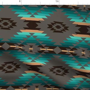 Native Fabric - Navajo By 49design - Native Tribal Gray Turquoise Blue Trending Southwest Rustic Cotton Fabric By The Yard With Spoonflower