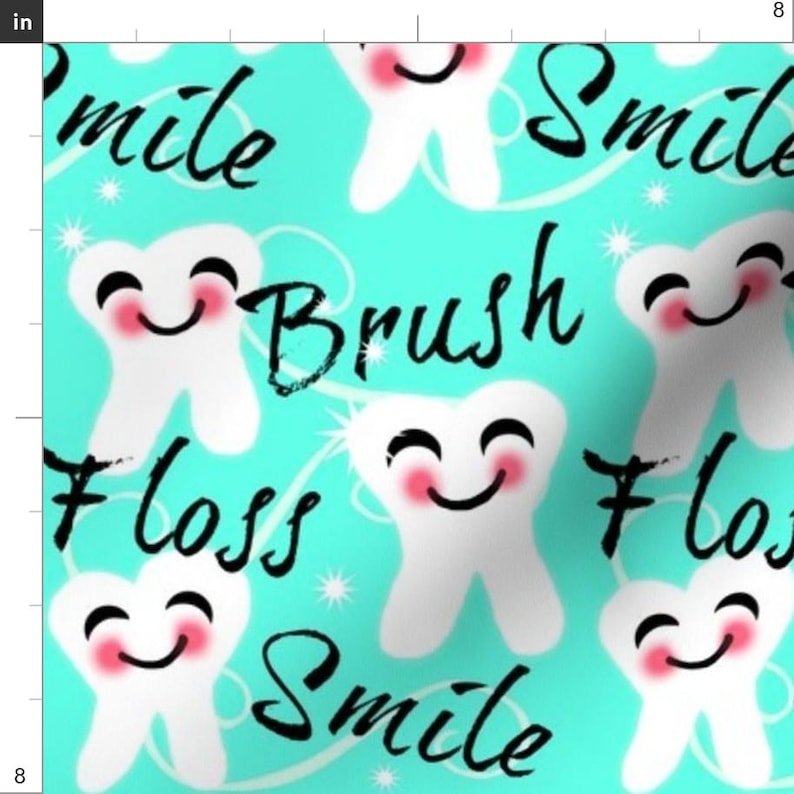 Tooth Fabric - Brush Floss Smile Dental Retro By Franbail- Retro Style Tooth Kawaii Dentist Decor Cotton Fabric By The Yard With Spoonflower image 3