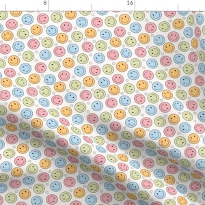 Multi-color Fabric - 60s Faces by thecollectivelux - Small Scale Cartoon Smiley Sticker Pastel Fabric by the Yard by Spoonflower