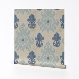 Ikat Wallpaper - Medium Ikat By Misschiffdesigns - Beige Sky Blue Victorian Romantic Removable Self Adhesive Wallpaper Roll by Spoonflower