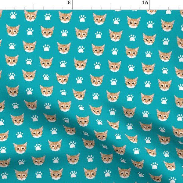 Cat Fabric - Orange Tabby Cat on Turquoise Fabric By Petfriendly - Orange Cats and Paws Cotton Fabric by the Yard With Spoonflower