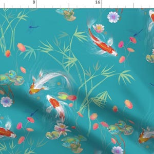 Koi Pond Fabric - Japanese Water Garden Teal By Designed By Debby - Japanese Koi Pond Water Fish Cotton Fabric By The Yard With Spoonflower