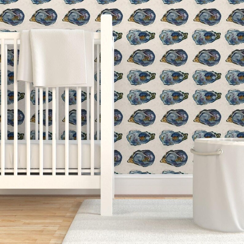 Coastal Wallpaper- Oysters In A Row - 6.35 Inches By Cityette - Beige Blue New England Removable Self Adhesive Wallpaper Roll by Spoonflower image 6