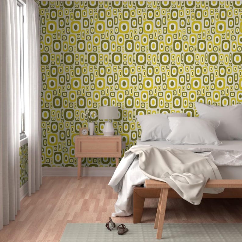 Mid Century Modern Wallpaper - Olive Mod By Jjtrends - Olive Yellow Custom Printed Removable Self Adhesive Wallpaper Roll by Spoonflower image 5