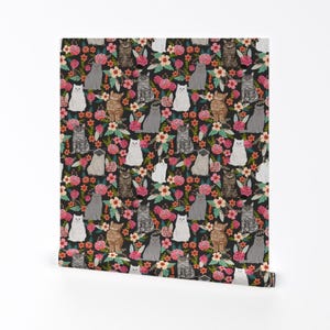 Papier peint chat - fleurs, kitty chat animal de compagnie par Petfriendly - rouleau de papier peint auto adhésif amovible imprimé personnalisé noir rose par Spoonflower