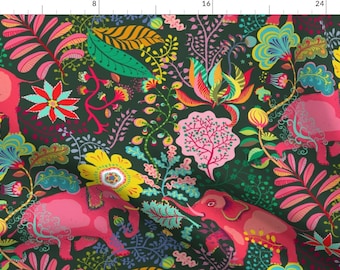 Jungle Elephant Floral Fabric - Floral Jungle Elephants Pink Safari By Miraparadies - Jungle Cotton Fabric By The Yard With Spoonflower