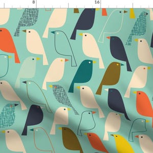 Birds Fabric - On The Telephone Wire By Katerhees - Spring Teal Blue Yellow Birds Wings Nesting Cotton Fabric By The Yard With Spoonflower