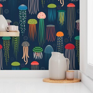 Jellyfish Peel and Stick Wallpaper - Nautical Underwater Sea Life Ocean Animals - Removable Wall Decor Art - Just Jellies by katerhees image 7