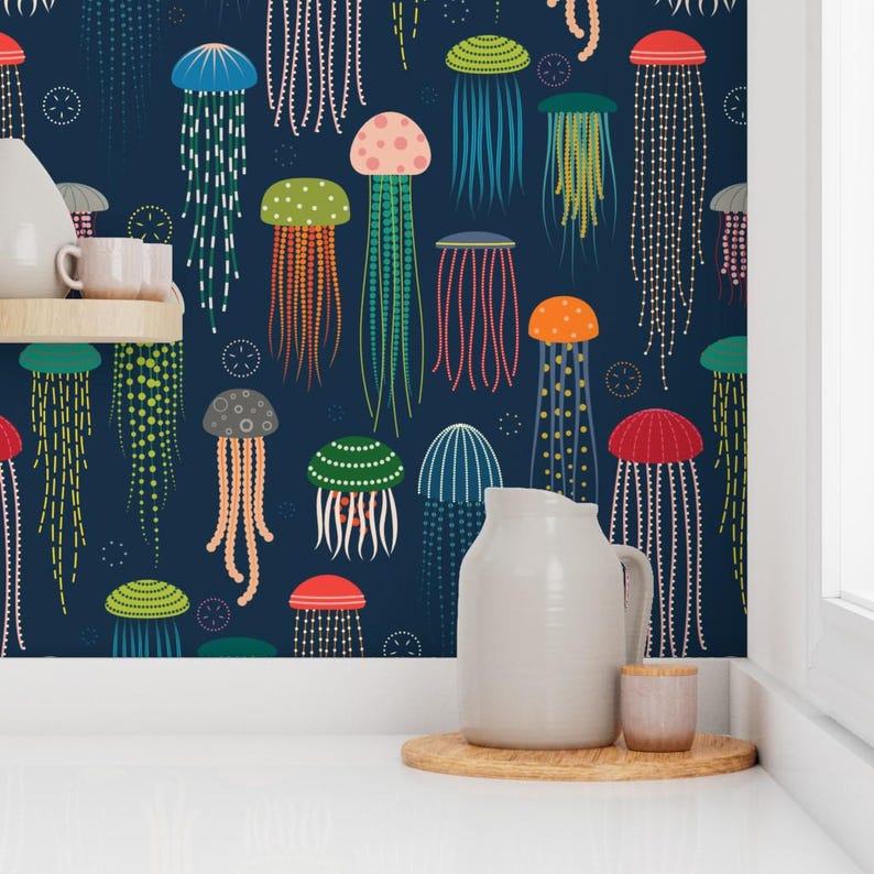 Jellyfish Peel and Stick Wallpaper - Nautical Underwater Sea Life Ocean Animals - Removable Wall Decor Art - Just Jellies by katerhees image 7
