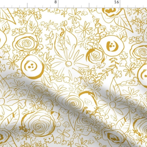 Gold Floral Fabric - In The Garden Sketchy Floral // Mustard By Theartwerks - Mustard Floral Cotton Fabric By The Yard With Spoonflower