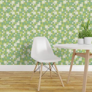 Mid Century Mod Wallpaper - Mid Century Tiles By Theodesign - Lime Green Geo Squares Removable Self Adhesive Wallpaper Roll by Spoonflower