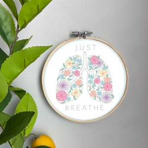 Quote Embroidery Template on Cotton - Just Breathe By Taranealart - Lungs Blue Embroidery Pattern for 6&quot; Hoop Custom Printed by Spoonflower