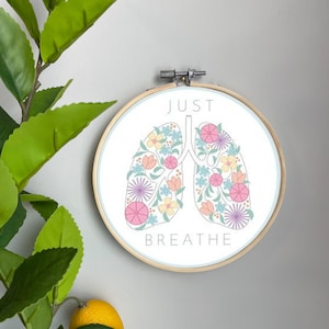 Quote Embroidery Template on Cotton - Just Breathe By Taranealart - Lungs Blue Embroidery Pattern for 6" Hoop Custom Printed by Spoonflower