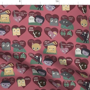 May include: A pink background with a repeating pattern of hearts. Each heart contains a different cartoon character with a funny Valentine's Day message. Some of the messages include "Love Bites", "Love Stinks", "Friends till the end", "Stick a fork in me, I'm done", and "Meh."