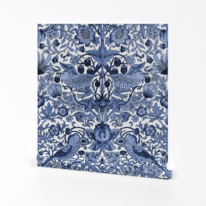 William Morris Removable Peel and Stick Wallpaper - Damask Victorian - Wall Art Wall Decor - Strawberry Thief Blue by peacoquettedesigns