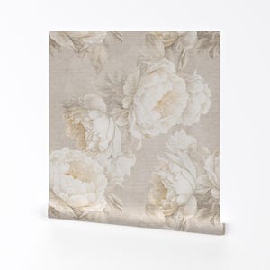 Boho Removable Peel and Stick Wallpaper -  Cottagecore Peony Floral - Wall Art Wall Decor - Peonies On Beige Large by digitalarsiart
