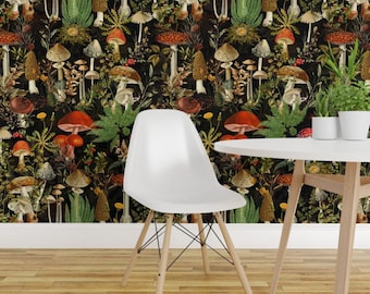 Dark Peel and Stick Wallpaper -  Moody Botanical Mushroom Cottagecore Toadstool Fern - Removable Wall Decor Art - Rustic Mushroom by utart
