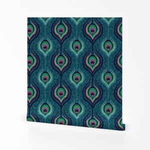 Peacock Damask Removable Peel and Stick Wallpaper - Dark Teal Ikat Ogee Stripe - Wall Art Wall Decor - Peacock Indulgence  by sassiniemand
