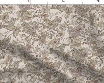 Birds Floral Pattern Gray Illustration Fabric - New Day Neutral Colors By Valentinaharper - Birds Cotton Fabric By The Yard With Spoonflower