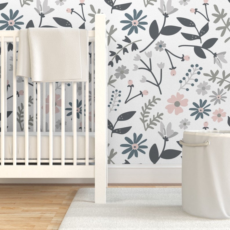 Floral Wallpaper Gray and Pink Flowers by Beesweet Floral Etsy