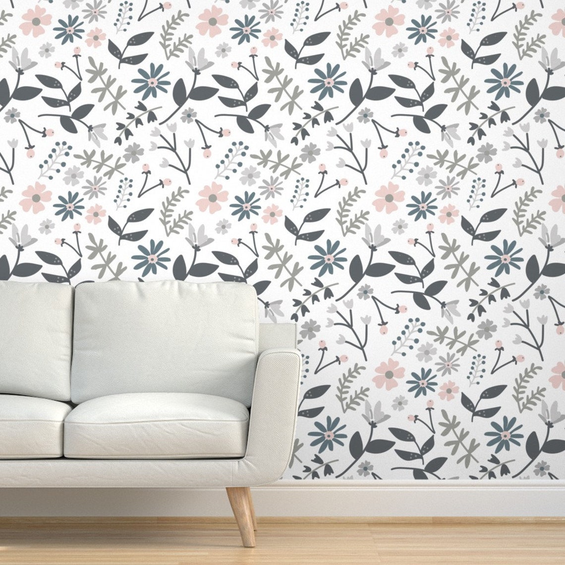 Floral Wallpaper Gray and Pink Flowers by Beesweet Floral | Etsy