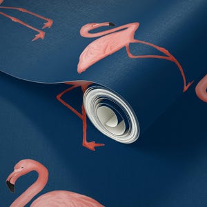 Flamingo Wallpaper - Flamingos On Navy By Willowlanetextiles - Flamingo Custom Printed Removable Self Adhesive Wallpaper Roll by Spoonflower image 3