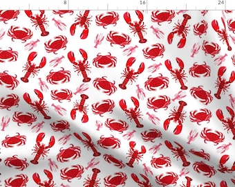 Red Crab And Lobsters Fabric - Crab And Lobster // White Crabs Lobsters Nautical Fish Ocean Sea Red Pink Summer Fishing By Andrea Lauren