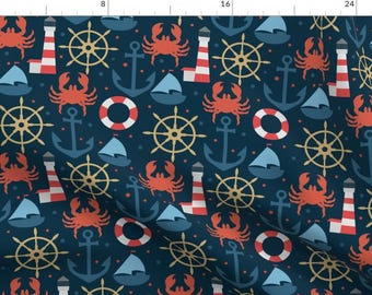 Nautical Kids Fabric - Sea Blue Pattern By Juliabadeeva- Navy Sea Lighthouse Crab Anchor Sailboat Cotton Fabric By The Yard With Spoonflower