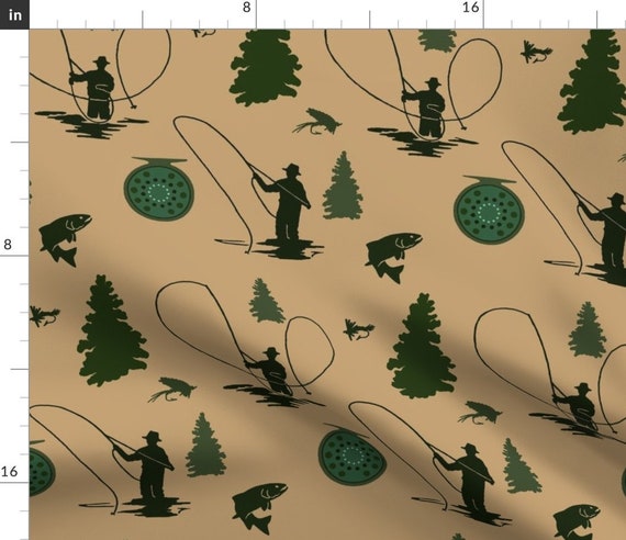 Fly Fishing Fabric Fly Fishing in Montana by Adrianne Vanalstine Fly Fishing  Sportsman Beige Cotton Fabric by the Yard With Spoonflower 