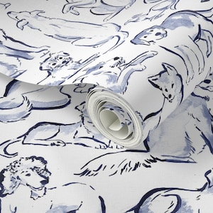 May include: A roll of white wallpaper featuring a blue and white watercolour pattern of dogs. The dogs are depicted in various poses, some running, some sitting, and some lying down.