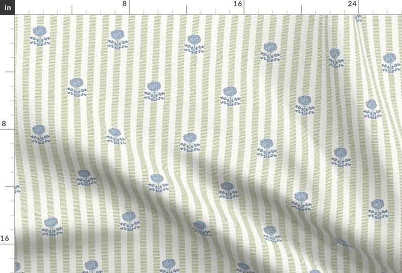 Cottage Fabric - Preppy Floral Stripe by teri_the_butter - Flowers Stripes Green And Blue Hydrangea Fabric by the Yard by Spoonflower image 1