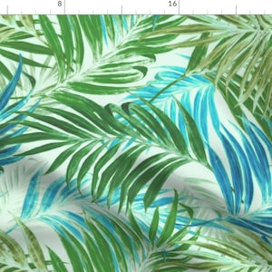 Tropical Fabric - Palm Leaves In Sky- Blue By Chicca Besso - Tropical Palm Leaves Botanical Green Cotton Fabric By The Yard With Spoonflower