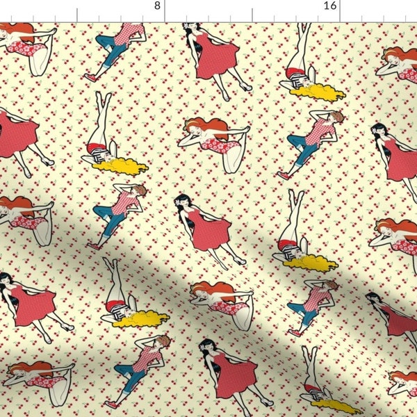 Pin Up Girl Fabric - Retro Pinup Girls With Cherry Backdrop On Cream By Risarocksit - Pin Up Girl Cotton Fabric By The Yard With Spoonflower