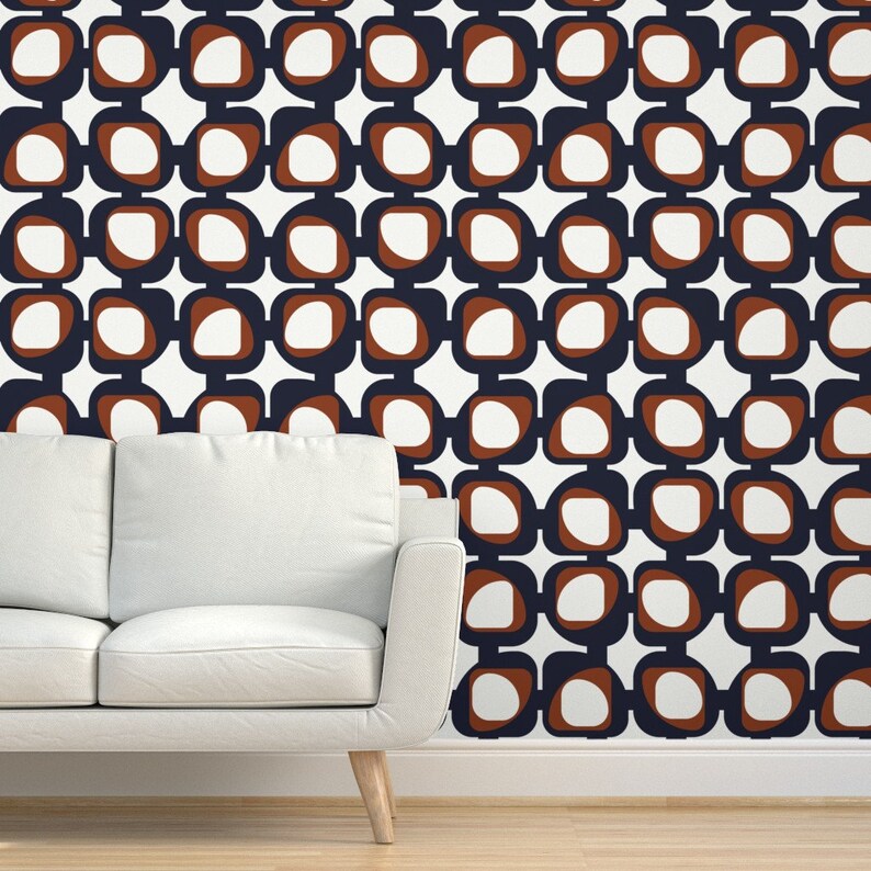 Modern Wallpaper Navy and Rust by Blerta Brown Blue White Etsy