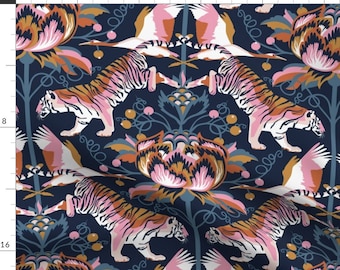 Tiger Floral Damask Fabric - The Tiger And The Crane By Heidi-Abeline - Tiger Peony Maximalist Cotton Fabric By The Yard With Spoonflower