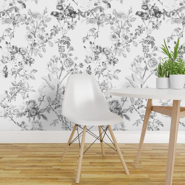 Bloemenbehang - Engelse Roos Zwart Wit van Peacoquettedesigns - Op maat bedrukt, verwijderbaar behang op rol van Spoonflower