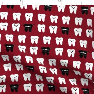 Teeth Fabric - Way Of The Ninja Tooth Red By Clayvision Cute Dental Illustration Dentist Kids - Cotton Fabric By The Yard With Spoonflower
