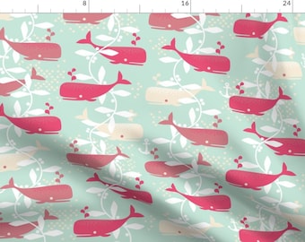 Nautical Whale Fabric - Whale Watching (Pink) By Cerigwen - Pink and Mint Nursery Decor Whale Cotton Fabric By The Yard With Spoonflower