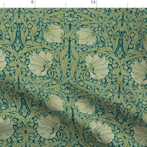 Art Nouveau Fabric - Pimpernel Crane  by peacoquettedesigns - Green Blue Spring Floral Antique Victorian Fabric by the Yard by Spoonflower