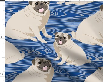 Pugs Fabric - Pugs Not Shrugs. Navy By Abbieuproot -Pugs Dog Woodgrain Pet Blue White Tan Cotton Fabric By The Yard With Spoonflower