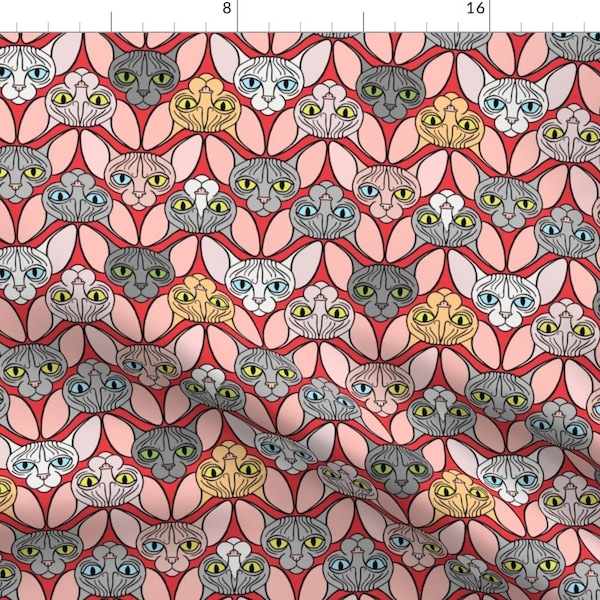 Sphynx Fabric - Sphynx Cat Chevron Red Background By Glamourpuss - Sphynx Cat Breed Red Brown Cotton Fabric By The Yard With Spoonflower